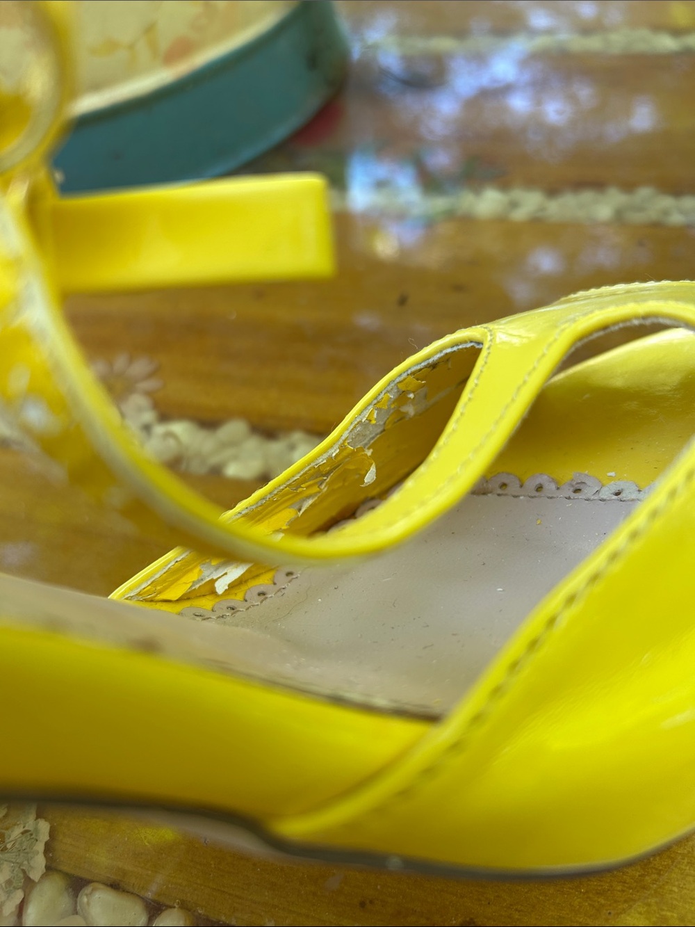 Shoe Dazzle Bright Yellow Patent T-Strap Peep-Toe Heels with Bow - Picture 9 of 11